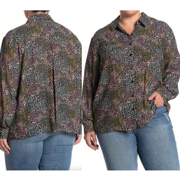 PLEIONE ANTHROPOLOGIE ANTHRO Black Multi Floral Long Sleeve Button Down Blouse S - Picture 1 of 13